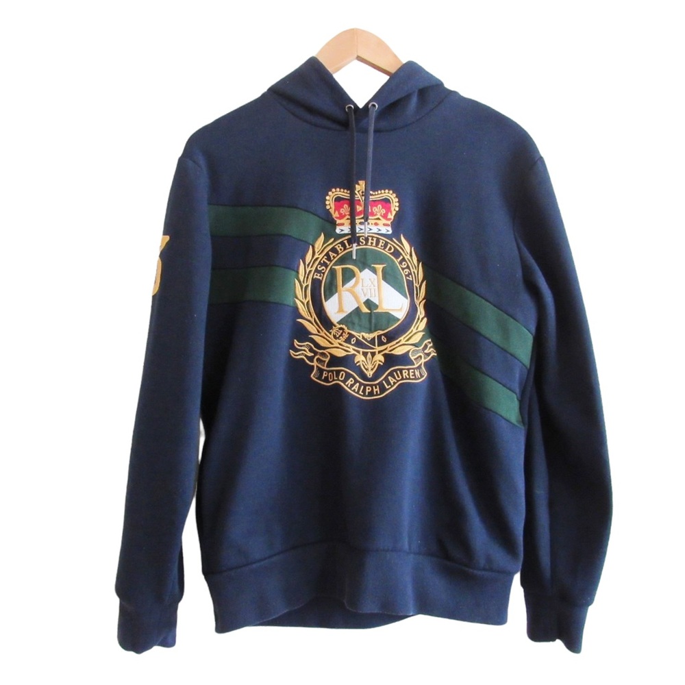 Polo Ralph Lauren Men’s Navy Blue Gold Crest Double Knit Hoodie Sweatshirt Small - Picture 1 of 12